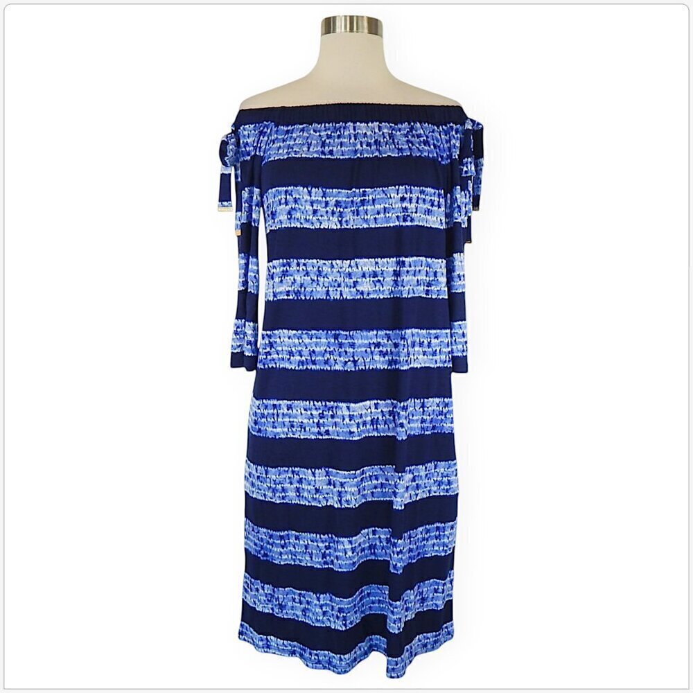 Michael Kors True Navy Tie Dye Stripe Off the Shoulder Dress NWT NEW S